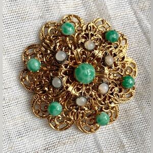 Vintage 1940s Filigree Flower Brooch w/ Peking Glass Cabochons